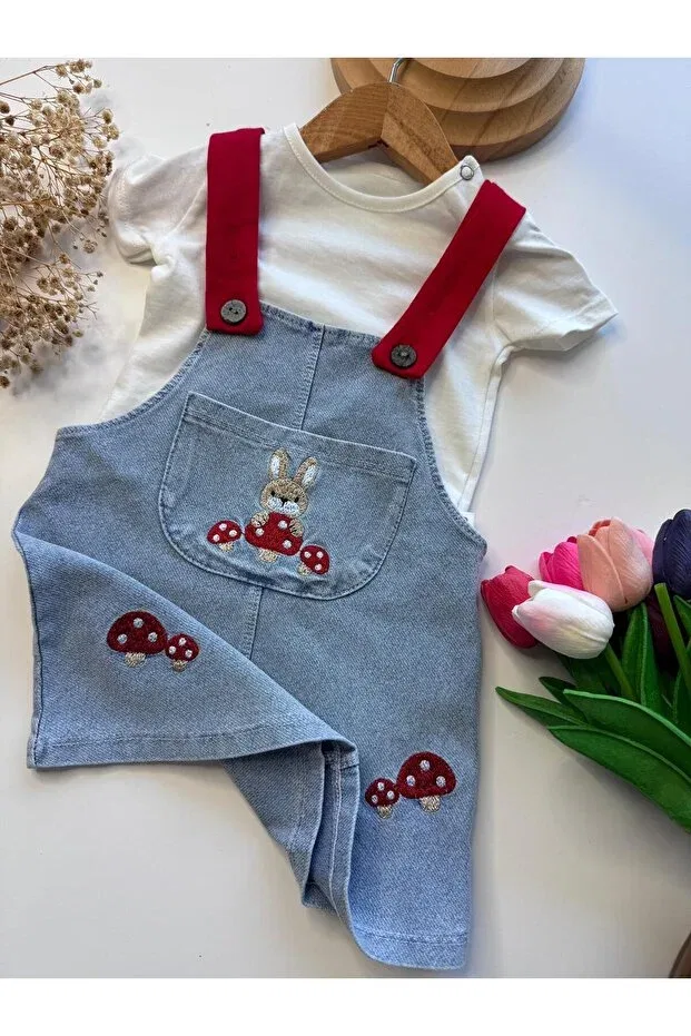 Детское джинсовое платье без рукавов Rabbit and mushroom embroidered Baby Buu, Blue — фото 3