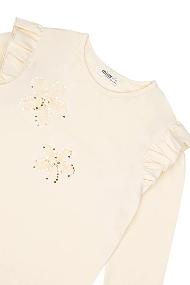 Детская футболка с длинным рукавом с принтом Floral Embroidered Shoulder Ruffle Long Sleeve Tshirt Minycenter, Ecru — фото 4