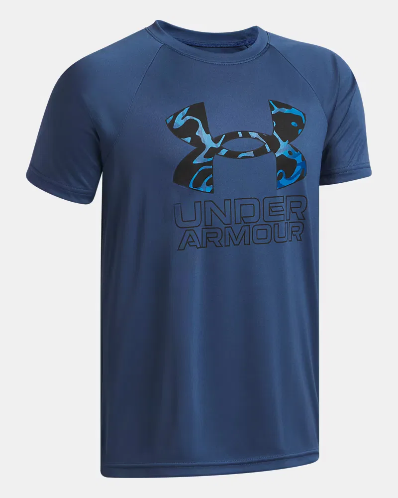Футболка для мальчиков с коротким рукавом, влагоотводящая UA Tech Hybrid Print UnderArmour, Wham Blue/Varsity Blue — фото 3