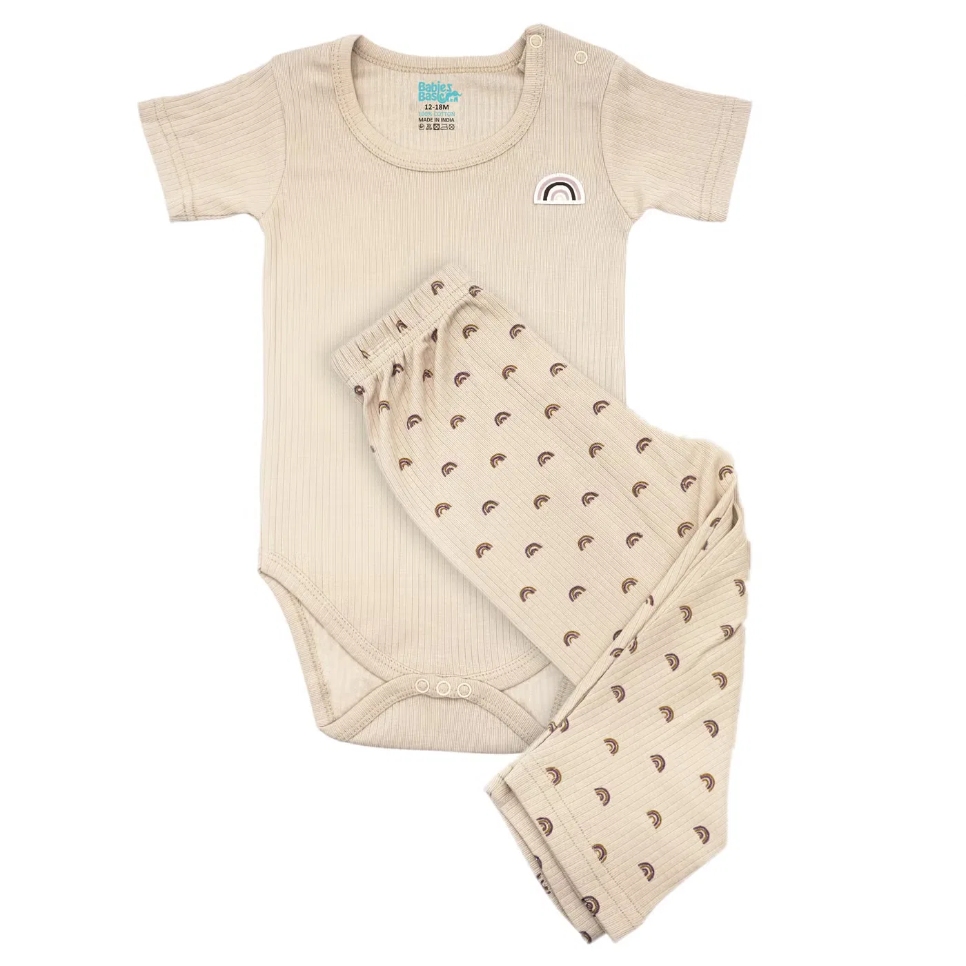 Комплект боди-комбинезона и пижамы с принтом из рубчатого хлопка Babies Basic, бежевый