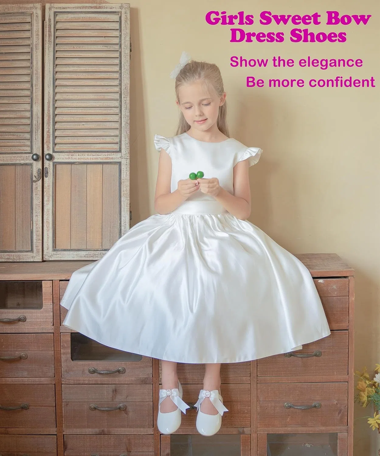 Детские туфли Мэри Джейн для девочек PHIRAMIN, Elegant Bowknot White — фото 4