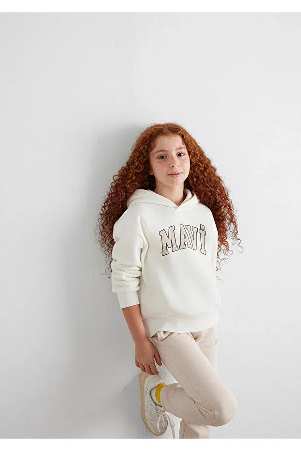 Детское худи для девочек с принтом Logo Printed Hooded White Sweatshirt Mavi, White-81964