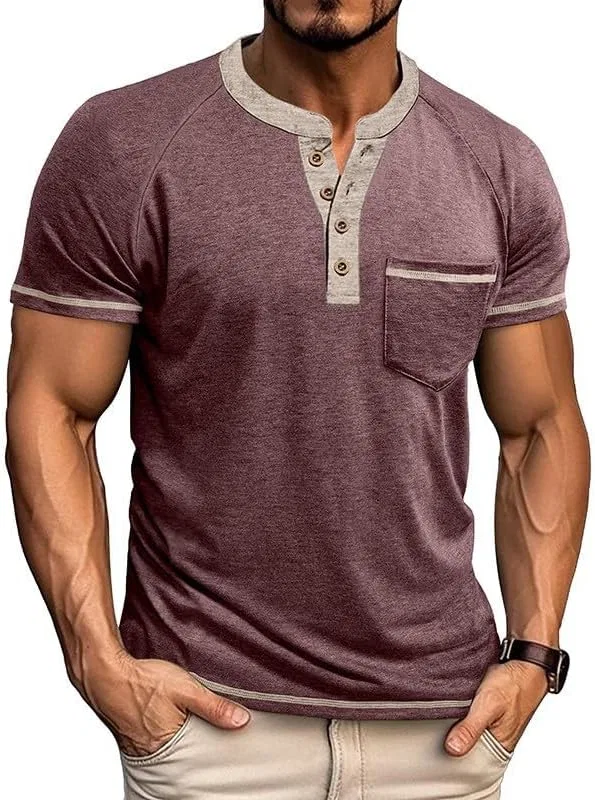 Мужская хлопковая футболка-поло с карманом Regular Fit Henley Neck, Wine — фото 2