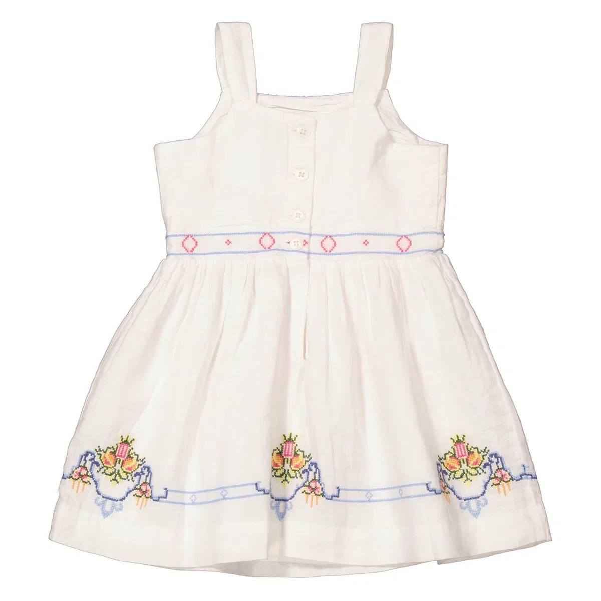 Платье-трапеция без рукавов с цветочной вышивкой Girls White Floral Embroidered Linen Dress Polo Ralph Lauren, White — фото 2