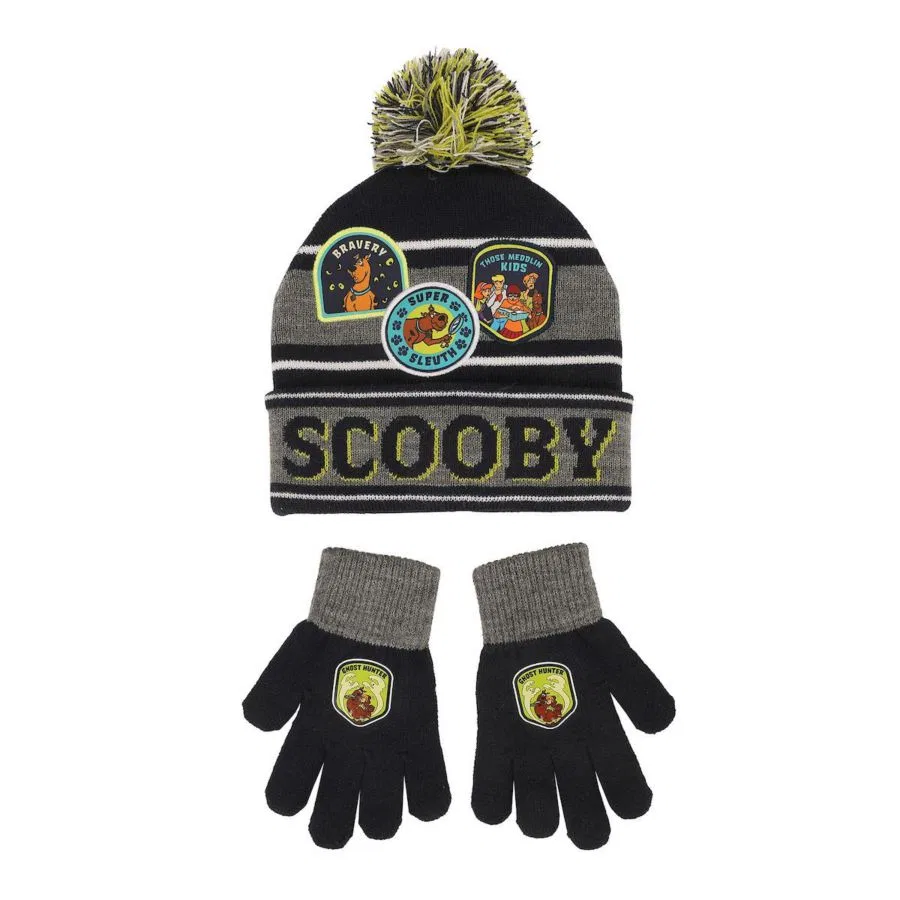 Комплект из шапки и перчаток с принтом Super Sleuth Badges Scooby Doo, Black Gray Yellow