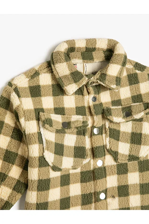 Детское пальто из плюша с принтом Plaid Plush Shirt Coat Koton, Green Plaid — фото 3