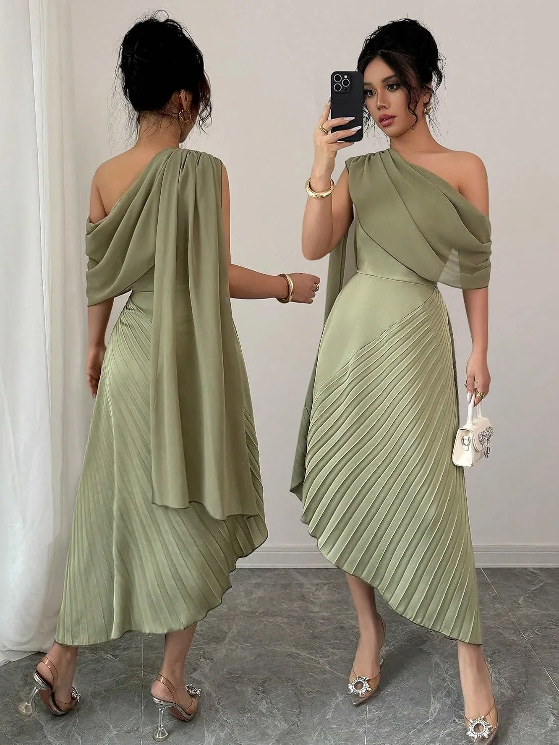 Женское миди-платье с одним плечом шифоновое плиссированное, Green — фото 3