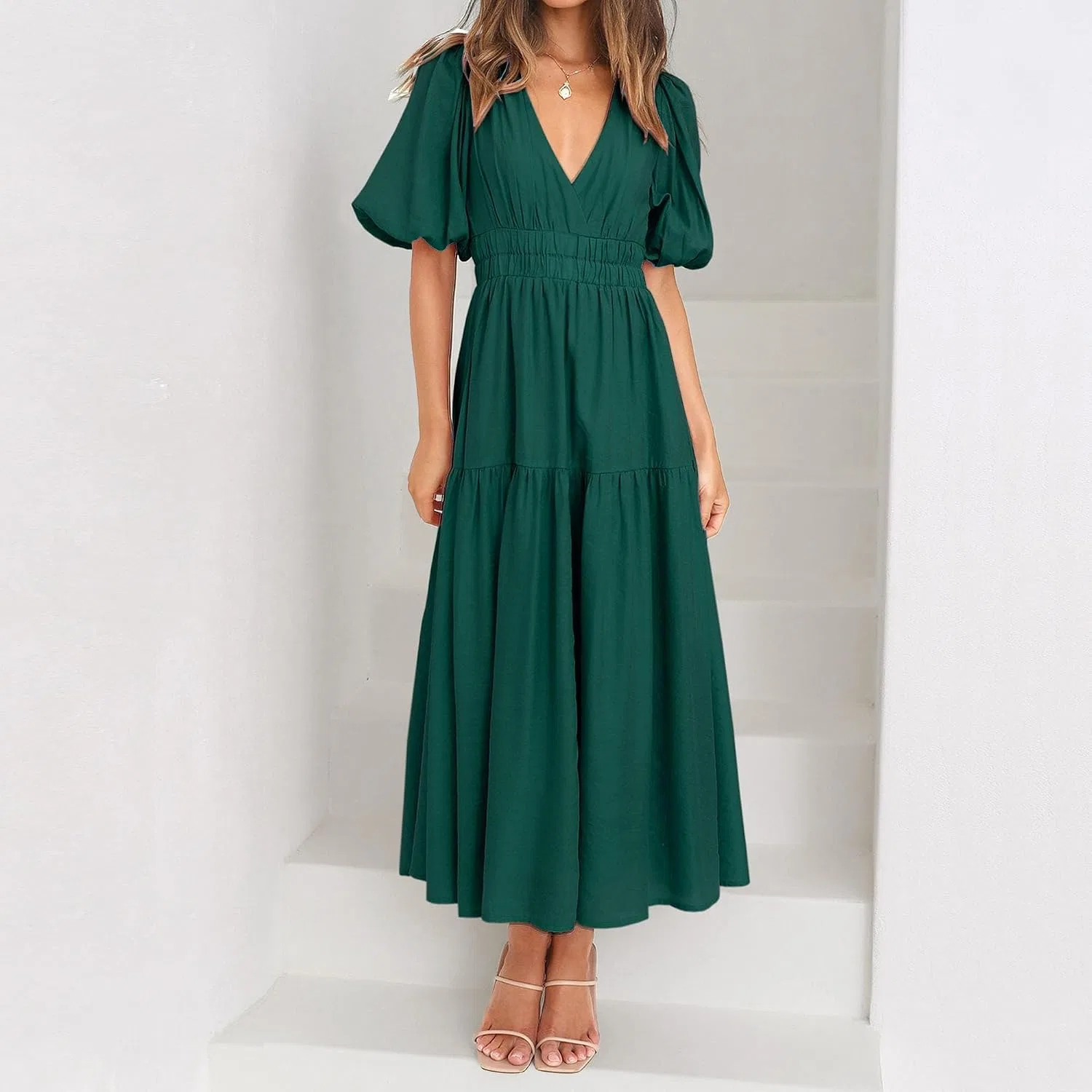 Женское летнее платье миди с пышными рукавами A-силуэта, Dark Green — фото 2