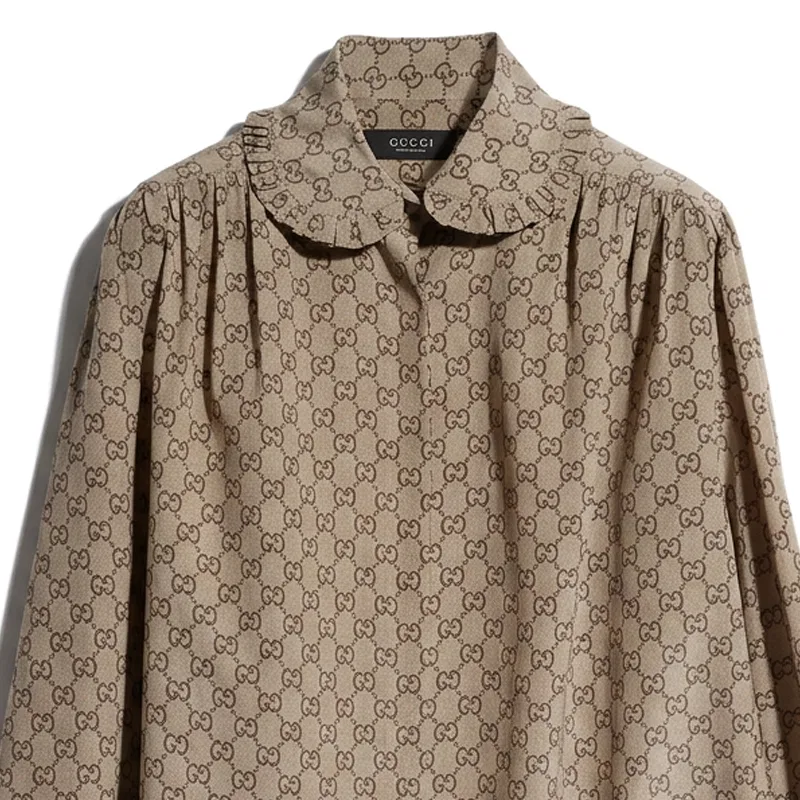 Женская рубашка с воланами и воротником, прямой крой, GUCCI, Beige — фото 4