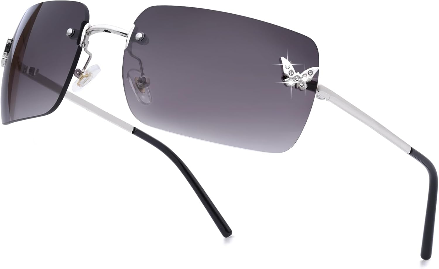 

knliwkm Безободковые прямоугольные солнцезащитные очки в стиле Y2k для женщин и мужчин, милые, маленькие, с прозрачными тонированными линзами, модные очки 2000-х годов, бабочка, Silver, Gradient Black