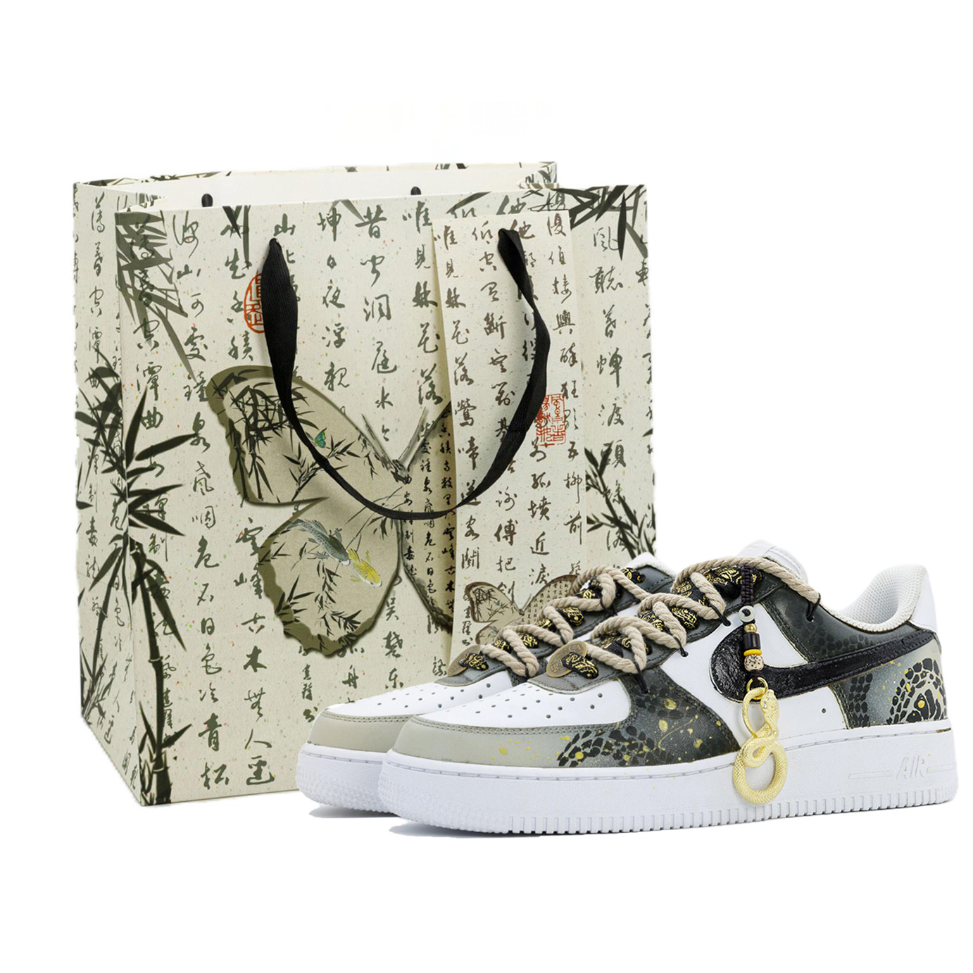 

Кроссовки для скейтбординга Air Force 1, мужские, низкие, желто-зеленые Nike, Golden Snake Shadow Pattern (Chinoiserie Shopping Bag)