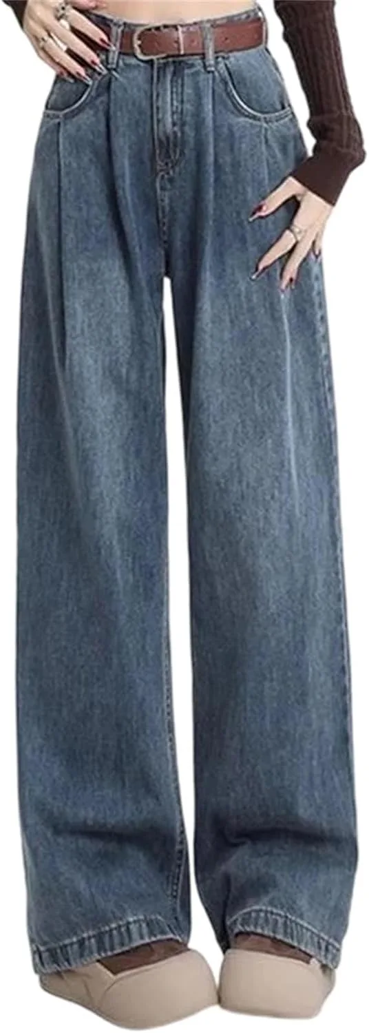 

Женские джинсы с высокой талией и широкими штанинами, свободный крой, полная длина, плиссированные детали, средняя эластичность