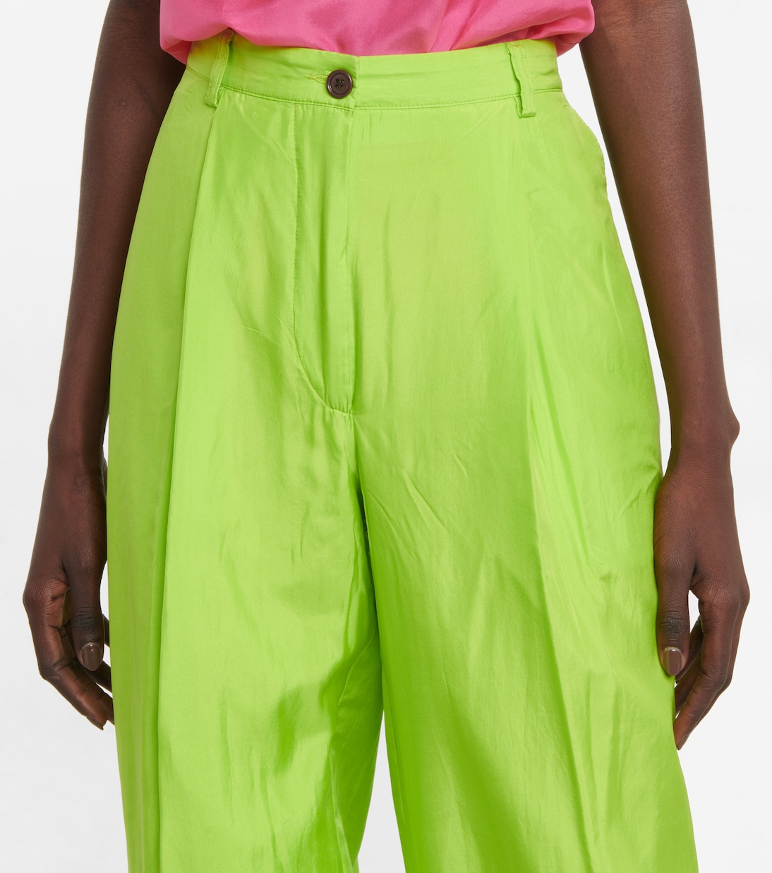 Широкие брюки из смесового шелка с высокой талией Dries Van Noten, Neon Green — фото 4