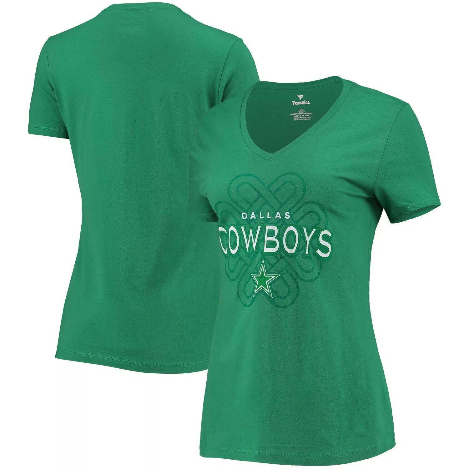 

Женская футболка Fanatics с логотипом Kelly Green Dallas Cowboys и логотипом Celtic Knot с v-образным вырезом Fanatics