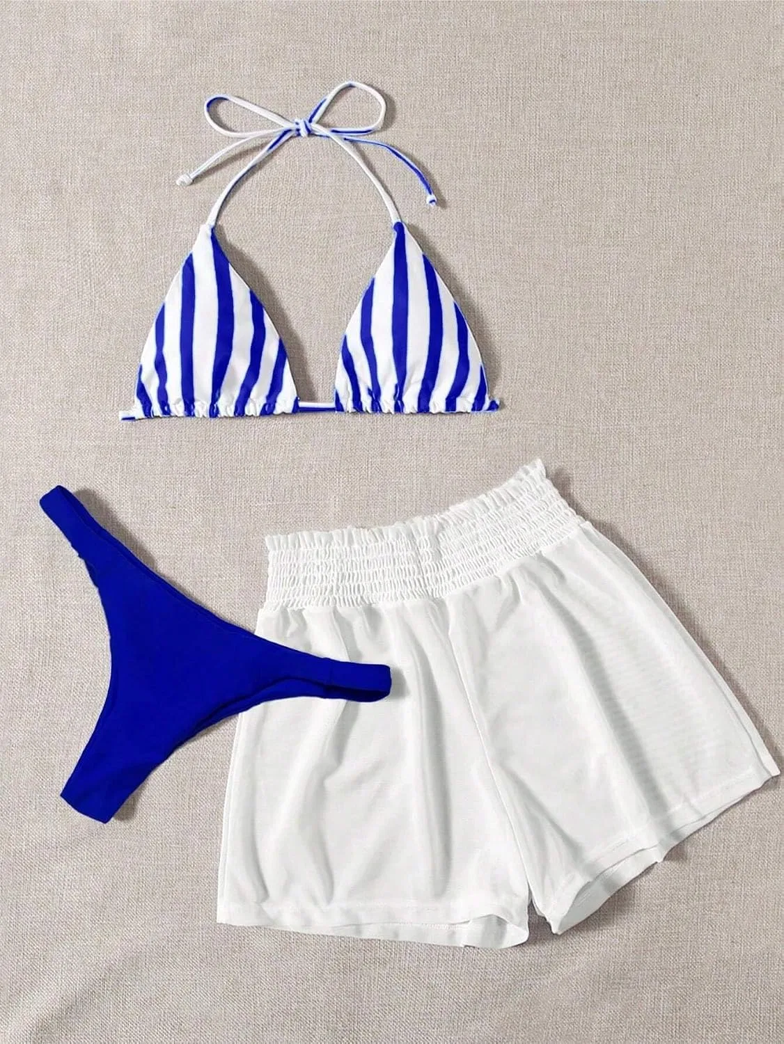 Женский бикини-комплект из трёх предметов с высокой талией, полосками, Blue/White — фото 2