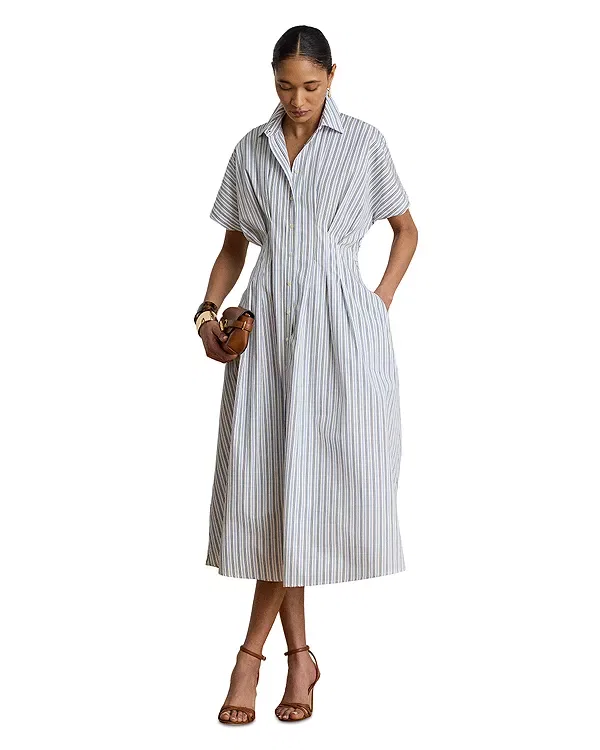 Женское платье из хлопка с принтом Petite Striped Pleated Broadcloth Shirtdress Ralph Lauren, Blue Multi