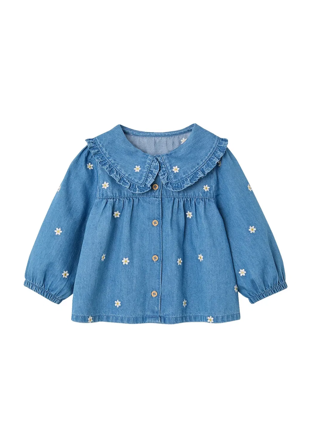 Jeansbluse mit blumenstickereien baby - блузка на пуговицах Vertbaudet, Blue Stone