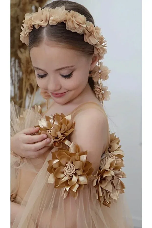 Детское платье для девочек с длинным рукавом Party Kids, Beige — фото 3