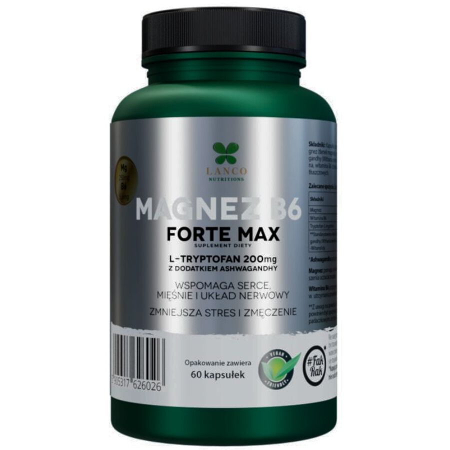 Lanco Nutritions Magnez B6 Forte Max пищевая добавка с L-триптофаном и ашвагандой от стресса и усталости, 60 капс./1 уп. - фото