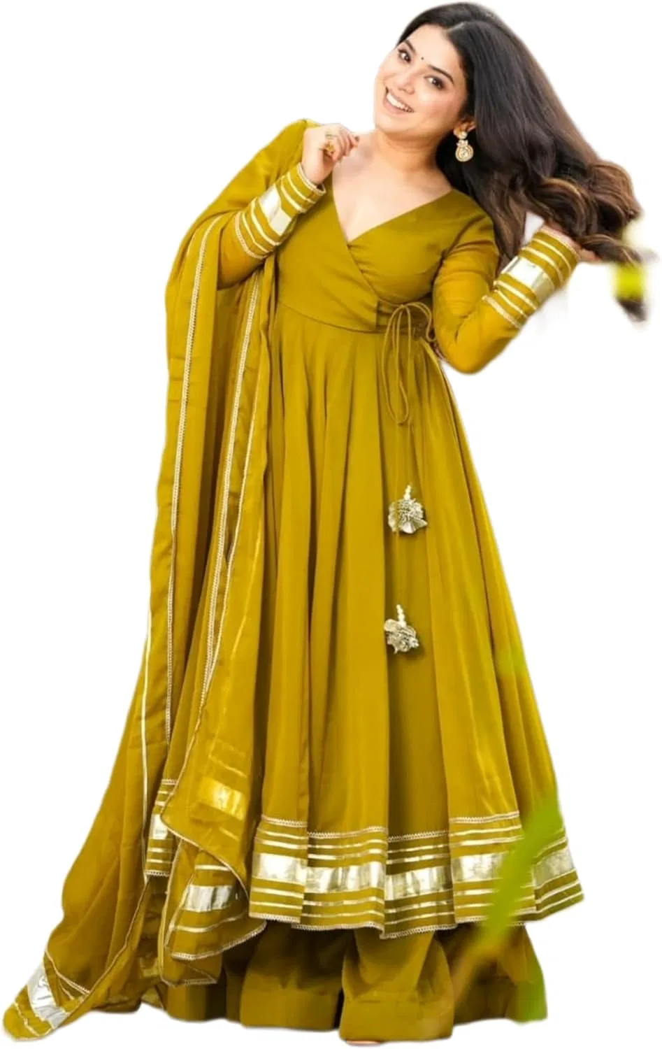 Женское платье-анаркали из шифона с отделкой, Anarkali Suit 20001, горчичный