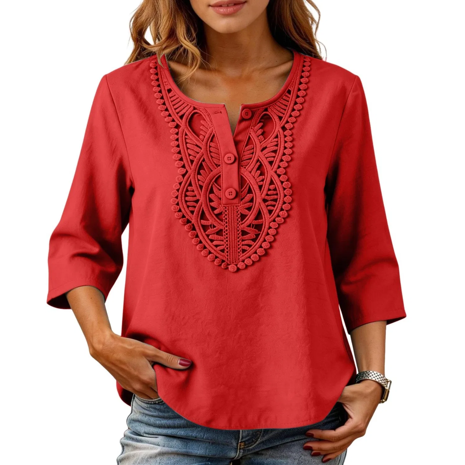 Женская льняная туника с вышивкой Retro 3/4 Sleeve Boho Casual Loose Fit Lightweight Summer Beach Blouse, A-red — фото 2