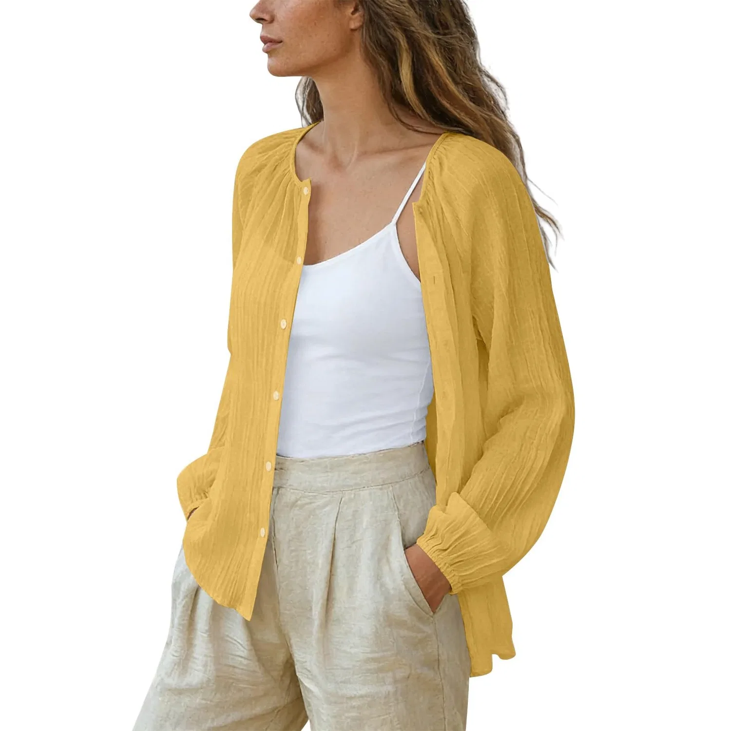 Женская блузка из хлопка и льна с длинным рукавом, Yellow — фото 4