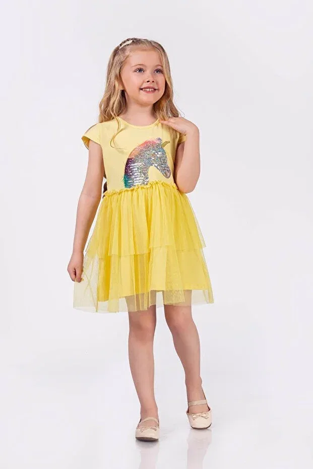 Детское платье для девочек с принтом Unicorn dress with tulle skirt Minik Dolap, Sarı
