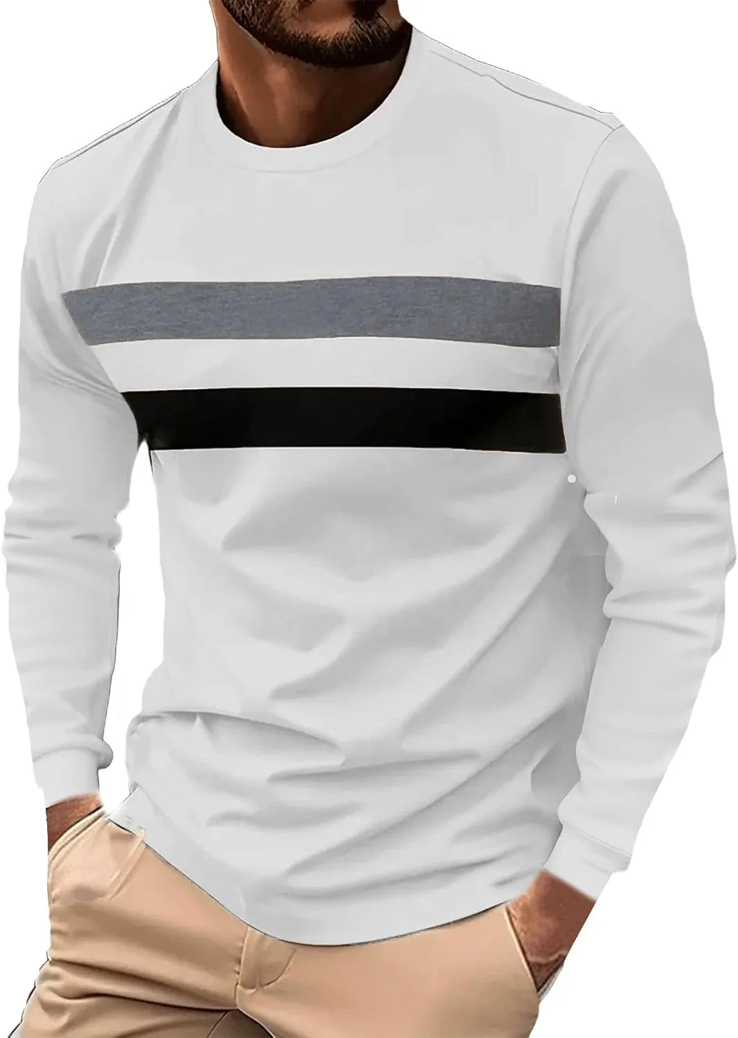Мужская футболка с длинным рукавом в полоску Golf Regular Round Neck, White