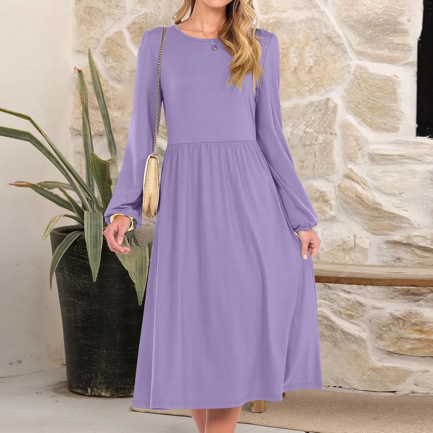 Женское свободное платье миди с цветочным принтом, Light Purple — фото 3