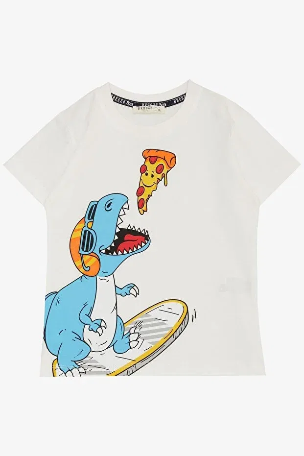 Детская футболка с принтом Happy Dinosaur Eating Pizza Breeze, Ecru — фото 3
