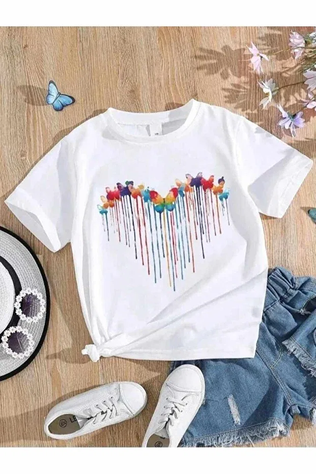 Детская футболка для девочек с принтом Butterfly Heart Printed, Generic Brands, White
