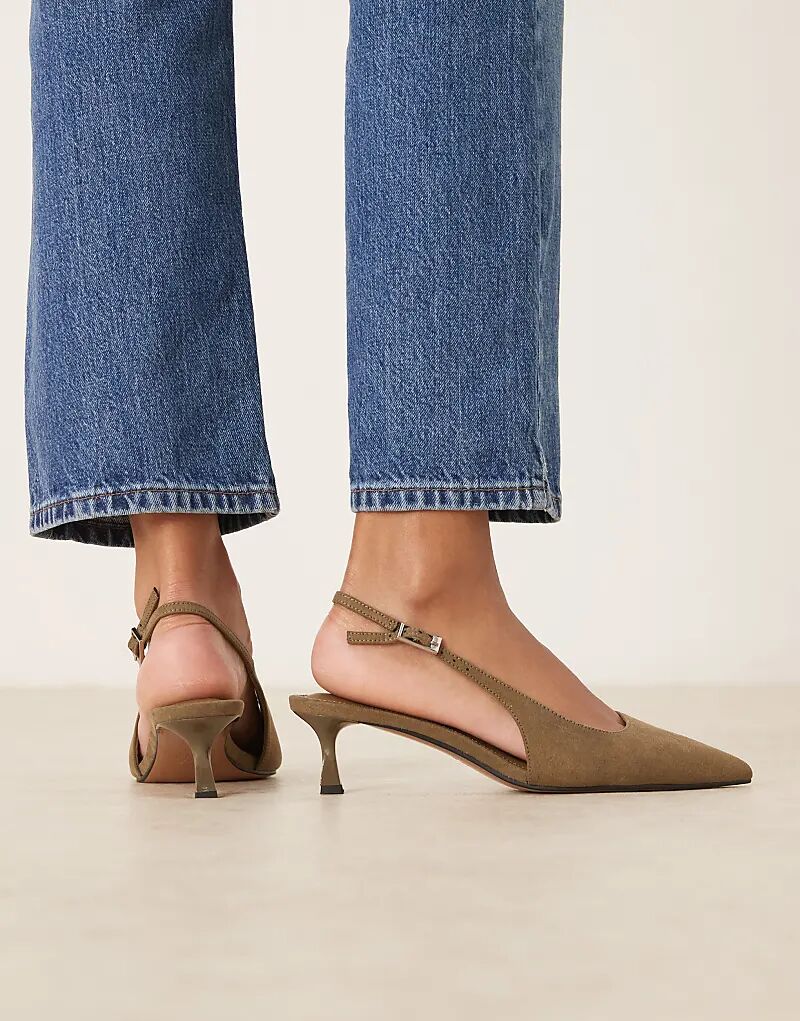 Туфли ASOS DESIGN Wide Fit Skip с открытой пяткой и каблуком-рюмочкой из замши оливкового цвета — фото 4