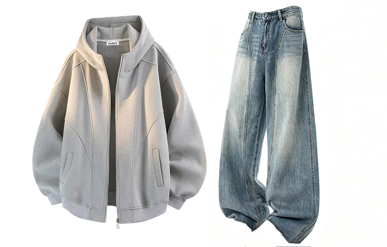 Детский комплект из худи и брюк с капюшоном X1617, Light Gray Top+Blue Pants