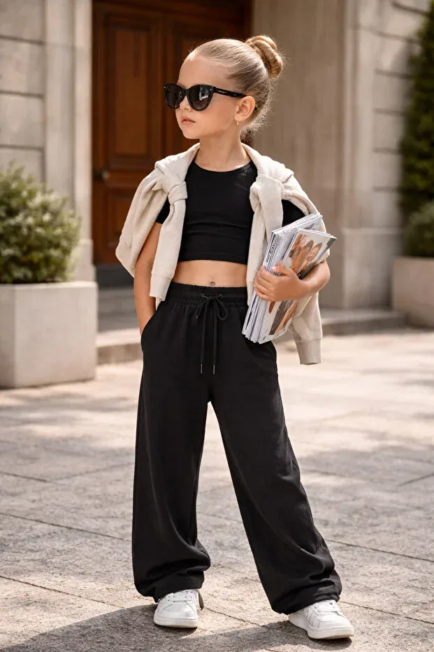Детские спортивные штаны для девочек широкие Babylory Kdis Store, Black