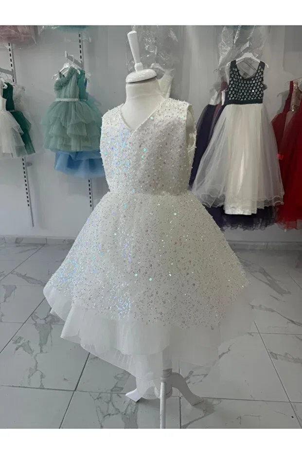 Детское платье для девочек с пайетками Paillettes beaded puffy green girl's evening dress Bonita, Nude Color