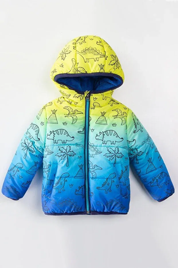 Детское пальто для мальчиков с принтом Dinosaur patterned boy's coat with hood and fleece inside - skinny fit Vitrinmixmini, Blue — фото 2
