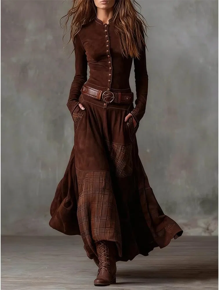 Женское платье из искусственной замши с запахом, Western Suede Long Dress, коричневый — фото 2