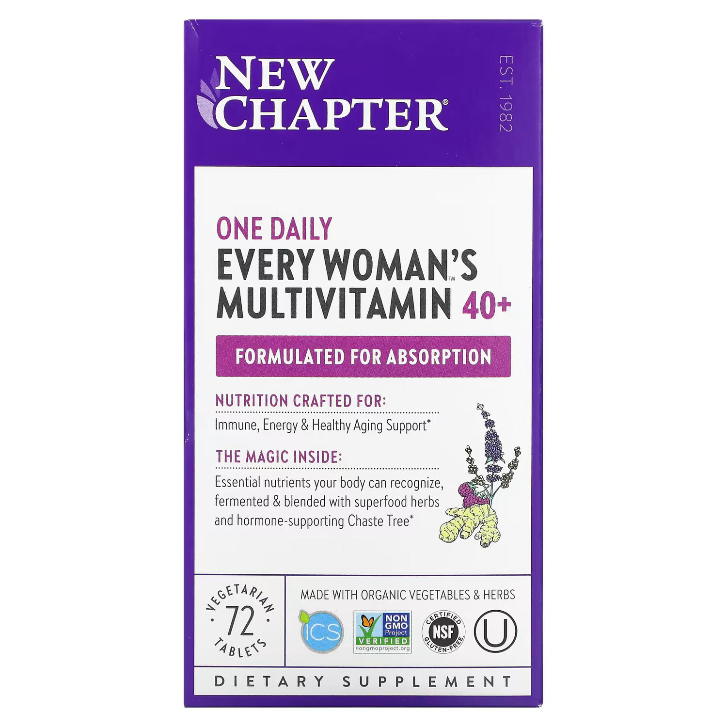 

New Chapter, 40+ Every Woman's One Daily, витаминный комплекс на основе цельных продуктов для женщин старше 40 лет, 72 вегетарианские таблетки