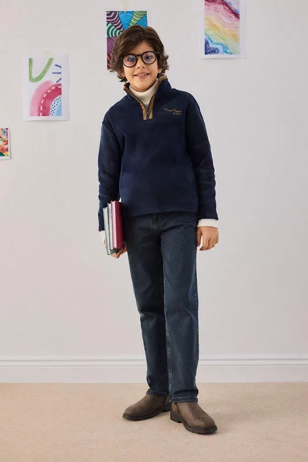 Детская толстовка для мальчиков с вышивкой Half turtleneck zipper embroidered soft fleece inside sweatshirt for boys g3670a825cw Defacto, Navy Blue-Nv256 — фото 2