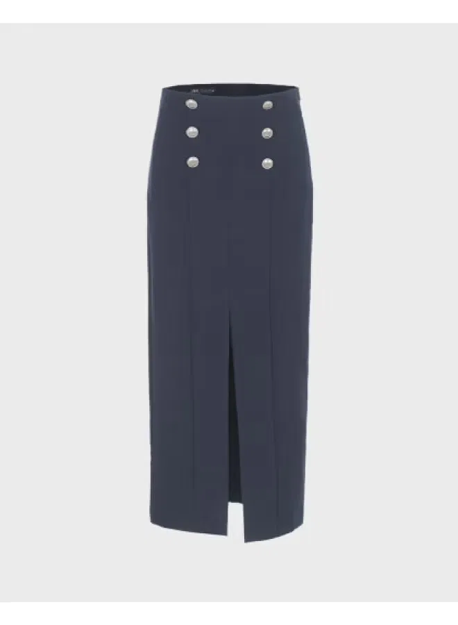 Юбка миди с завышенной талией и разрезом Zara, темно-синяя