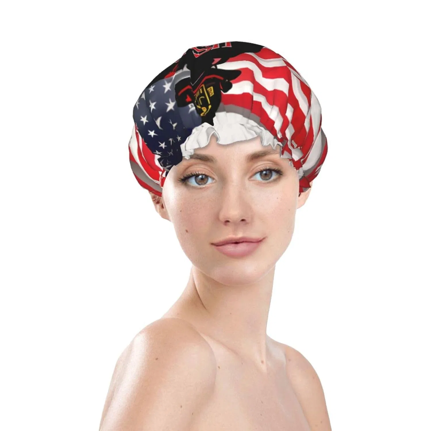 Шапочка для душа, Firefighter USA Flag, PULaif, двойной слой, Red Stripe Firefighter USA-Flagge — фото 3
