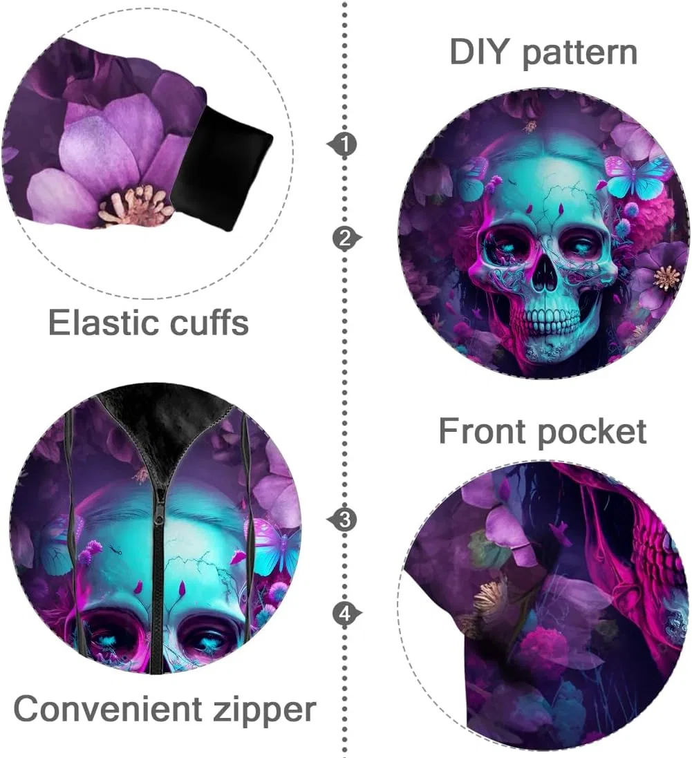 Женское зимнее пальто с принтом Flower Skull, на молнии, с капюшоном, фиолетовый — фото 2