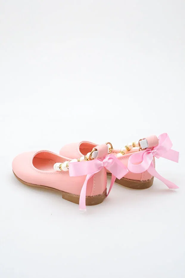 Детские балетки для девочек с жемчугом Matte Pink Ankle Pearl Detailed Girls' Ballerinas with Bow Ribbon Kateyler, Matte Pink — фото 3