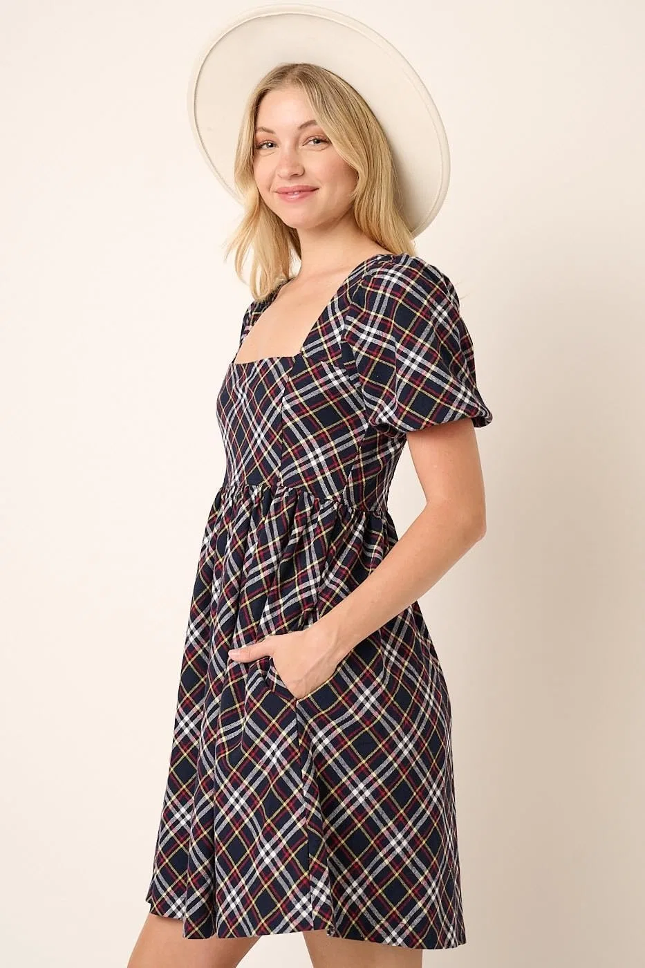Женское мини-платье babydoll с клетчатым принтом, Navy — фото 3