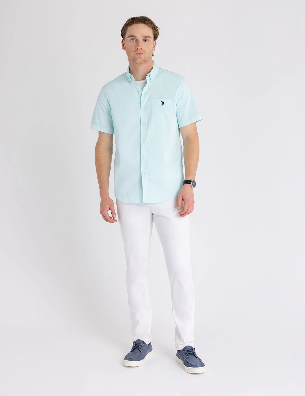 Мужская рубашка U.S. Polo Assn. Short Sleeve Stretch Poplin, светло-голубой — фото 3