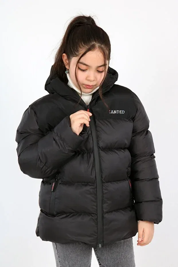 Детское пальто для девочек утепленное с капюшоном Landed, Black
