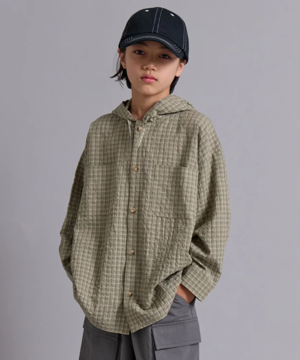 Детская рубашка-худи с капюшоном с принтом в клетку, с длинным рукавомPAIRMANON STREET, Beige