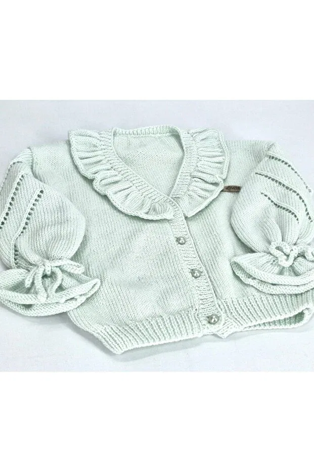 Детский кардиган с воротником-рюш для девочек Hand knitted girl's ruffle collar cardigan Evitle, Water Green — фото 3