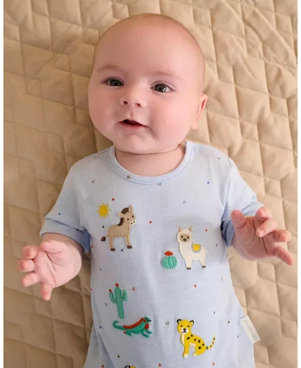 Детский боди-комбинезон с коротким рукавом Animal Fiesta Short Romper Purebaby, Mini Triangle Print — фото 2