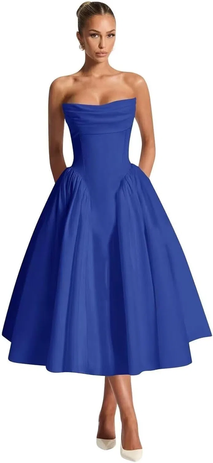 Женское атласное платье-миди A-силуэта с корсетом, Royal Blue